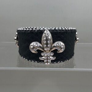 Vintage fleur de lis leather snakeskin texture rhinestone bracelet-statement